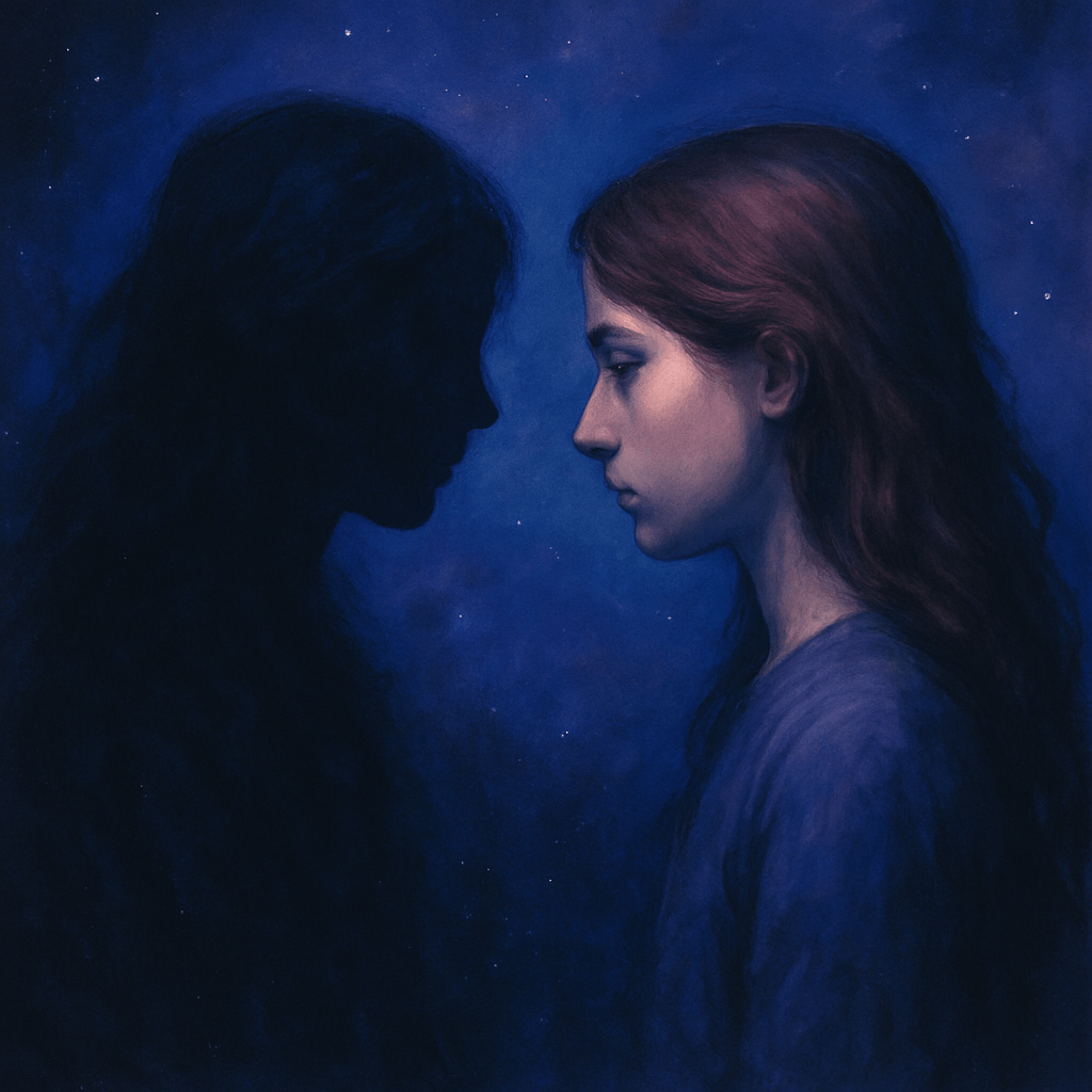 Artistic blue-toned illustration showing person facing their shadow self against starry background, representing self-reflection and accountability after causing harm
