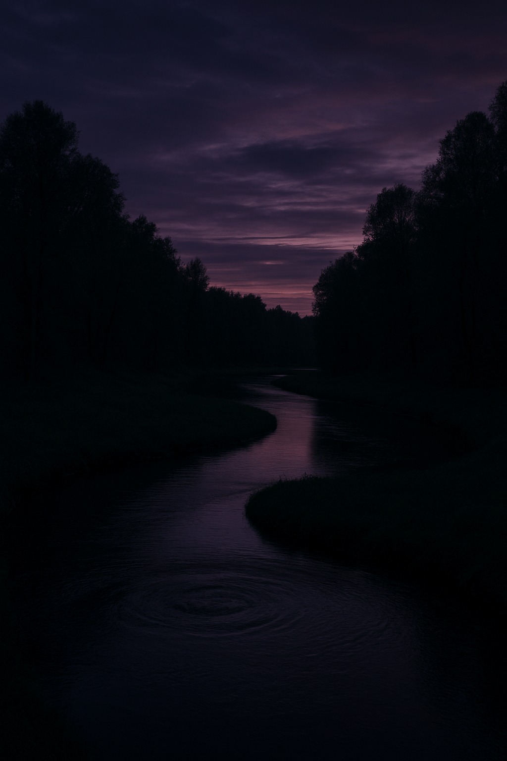 Serene twilight landscape with winding river path through dark trees under purple sky, symbolizing the cyclical nature of healing patterns and personal growth journey