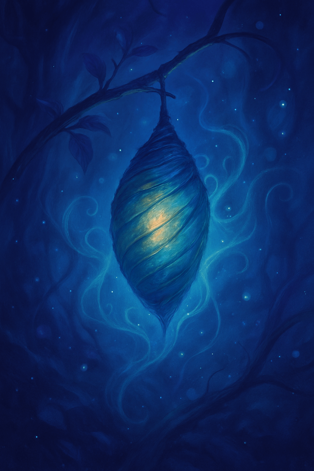 Mystical blue illustration of glowing cocoon hanging from tree branch surrounded by swirling energy and stars, representing transformation and the healing goo stage
