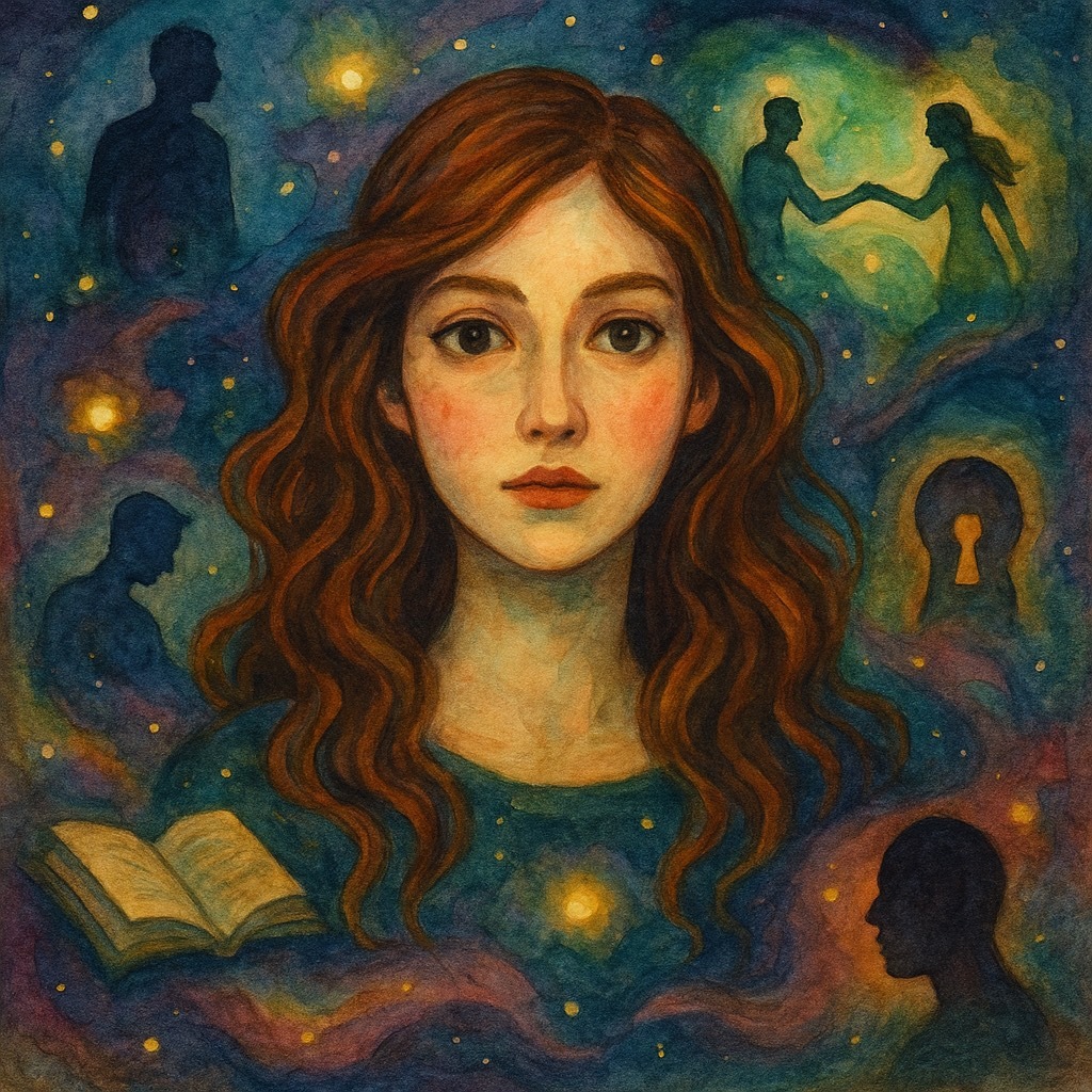 Artistic portrait of woman with auburn hair surrounded by cosmic swirls, silhouettes, and symbolic imagery including open book and keyhole, representing inner strength and self-discovery after betrayal trauma