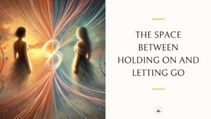 Two women stand facing each other, one in warm light, the other in cool tones, connected by flowing energy lines.