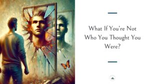 Artistic surreal image of man looking at fragmented mirror reflections showing different versions of himself with painterly effects and butterfly detail