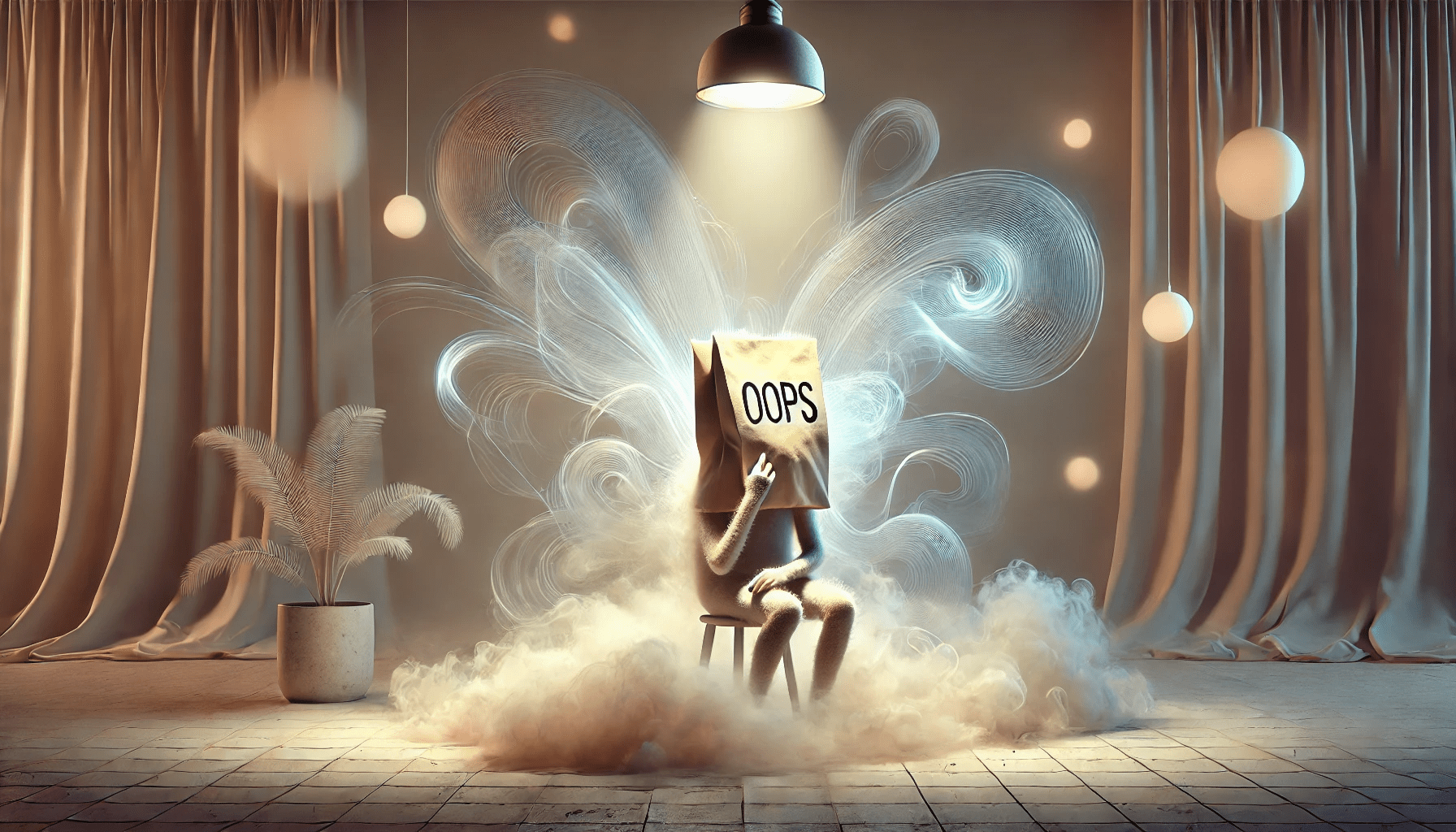 Whimsical surreal art of a figure with a paper bag labeled “OOPS” over their head, sitting in a cloud of mist under a spotlight—symbolizing shame, vulnerability, and self-forgiveness.