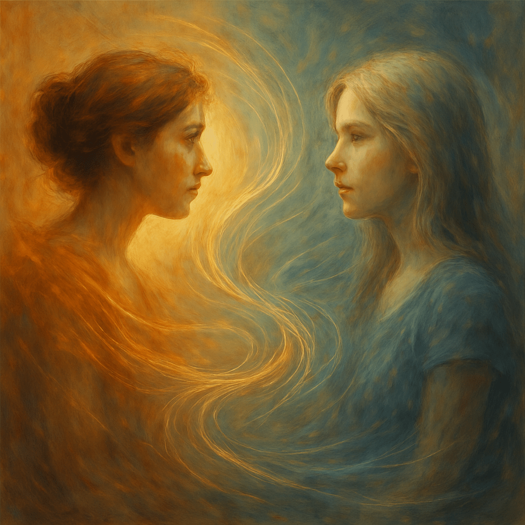 Oil-painting-style image of two women facing each other, one bathed in warm orange, the other in cool blue, connected by a flowing thread of light—symbolizing empathy, presence, and the invisible thread of genuine connection.