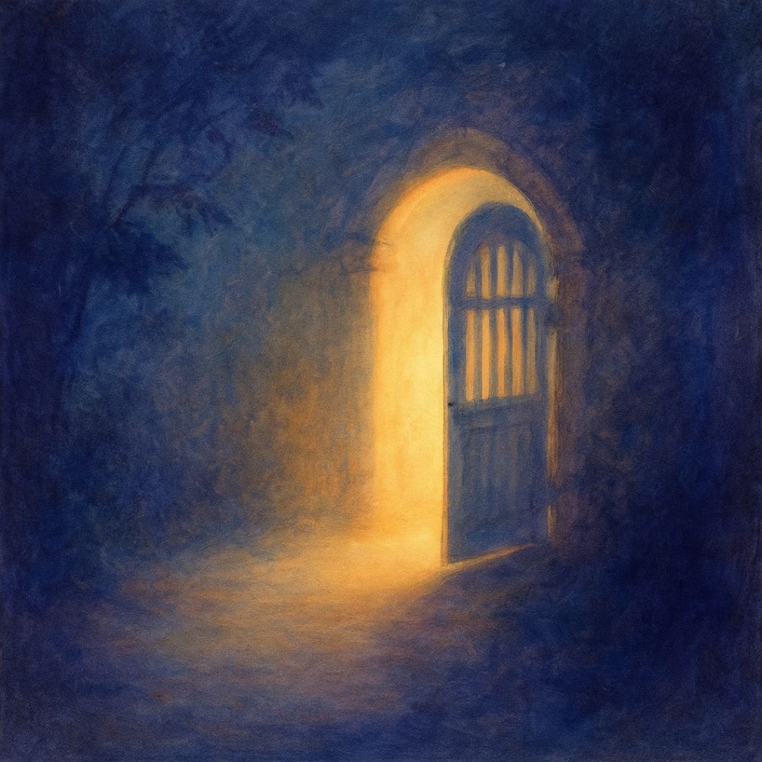 A warm light shines through an open arched doorway into a dark, shadowy space, symbolizing hope, healing, and stepping into courage.