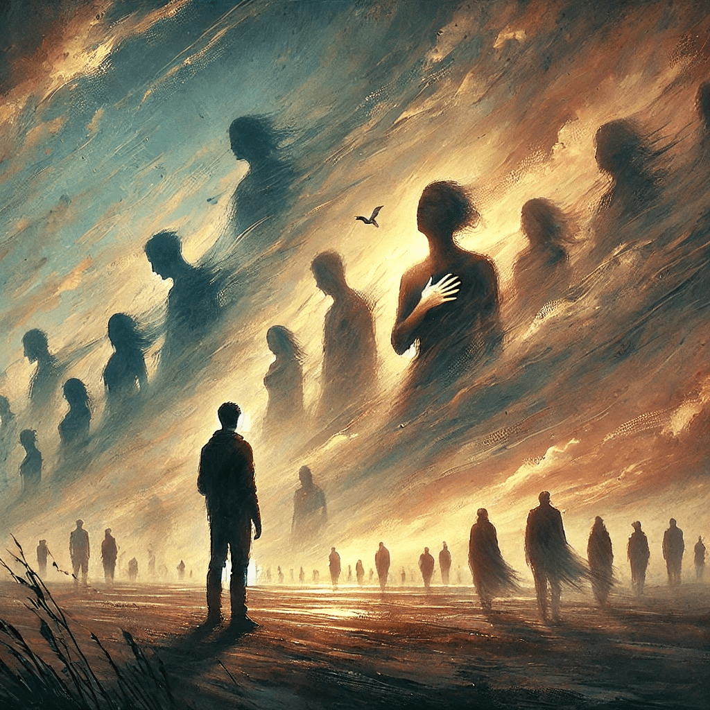 Surreal art of a lone figure standing beneath a sky filled with shadowy silhouettes, symbolizing the presence and memory of lost loved ones.