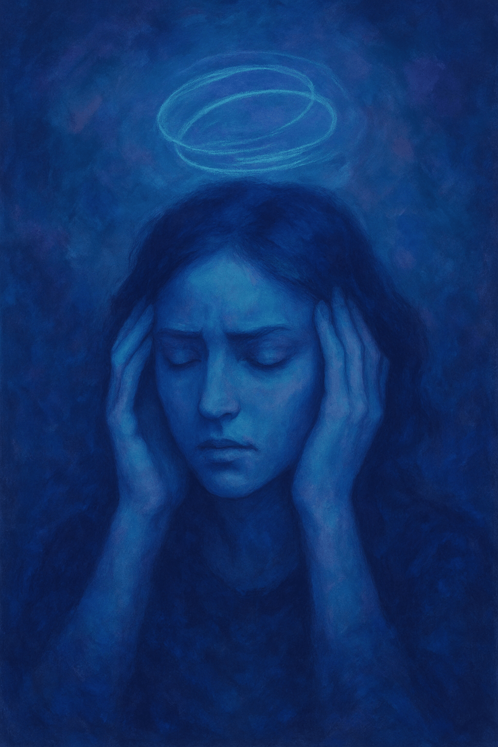 Artistic blue-toned illustration of person with hands covering face and swirling halo above head, representing confusion and disorientation from gaslighting manipulation