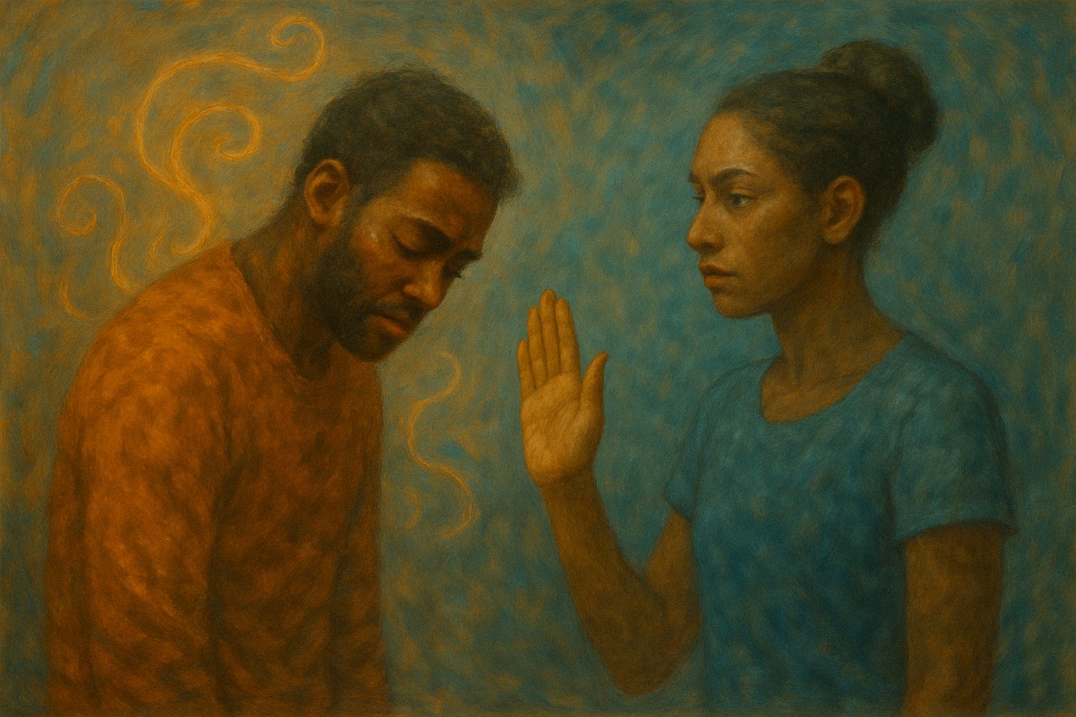 A contemplative painting showing two figures in profile - one reaching toward the other with an open palm in a gesture that could represent both connection and creating boundaries, painted in warm oranges and cool blues against a swirling background that suggests emotional complexity.