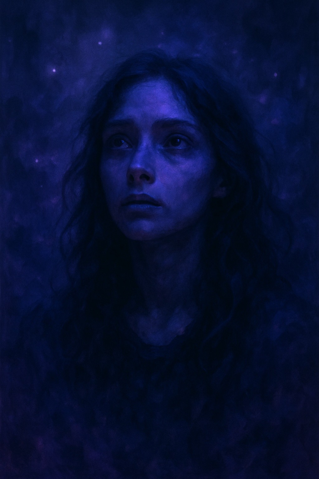 Blue-toned artistic portrait of woman with contemplative expression against starry night sky background, representing introspection and emotional depth