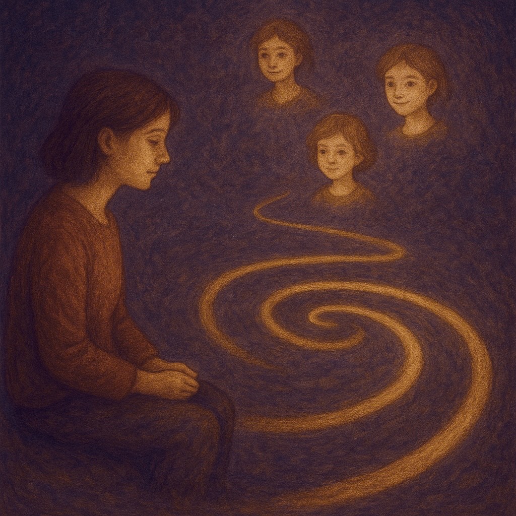 Artistic illustration of person in contemplation with flowing golden energy connecting to three floating figures above, representing the non-linear journey of therapy and healing process