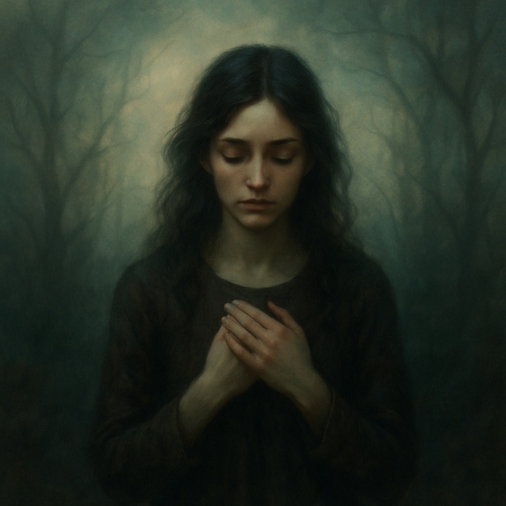A contemplative painting of a woman with long dark hair and closed eyes, hands clasped at her chest in a meditative or prayer-like gesture, surrounded by soft atmospheric lighting and muted green-gray tones that create a sense of introspection and quiet reflection.