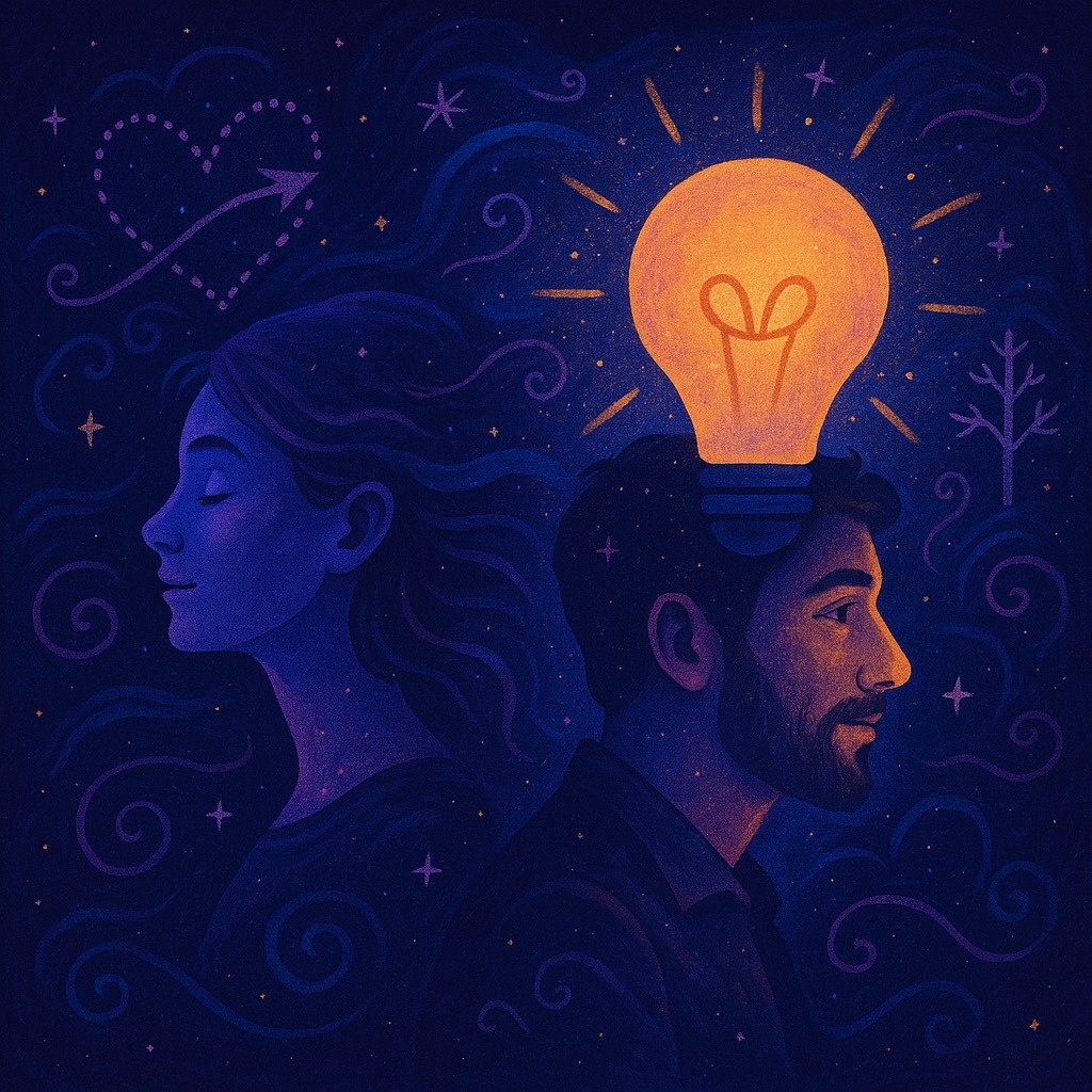 Illustration of a woman with eyes closed and a man with a glowing lightbulb above his head, symbolizing reflection, insight, and growth after deep inner work.