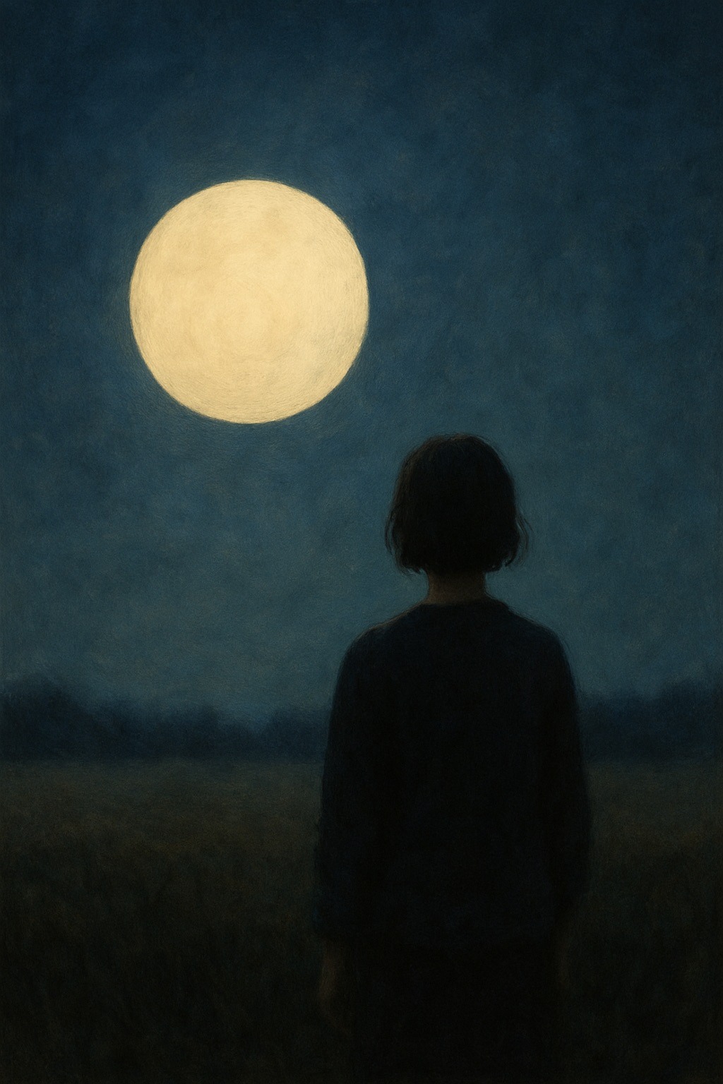Silhouetted figure standing beneath full moon against teal sky, representing solitude and the contemplative practice of staying present with emotions