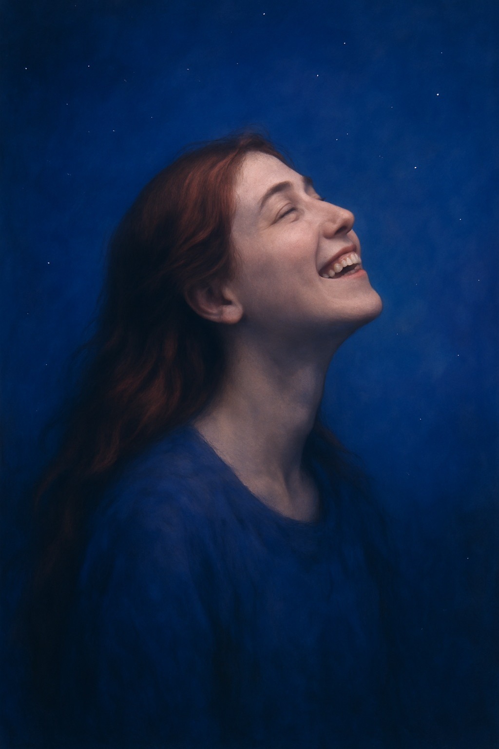 Portrait of woman laughing joyfully with head tilted back against starry blue night sky, representing unexpected moments of joy during difficult times