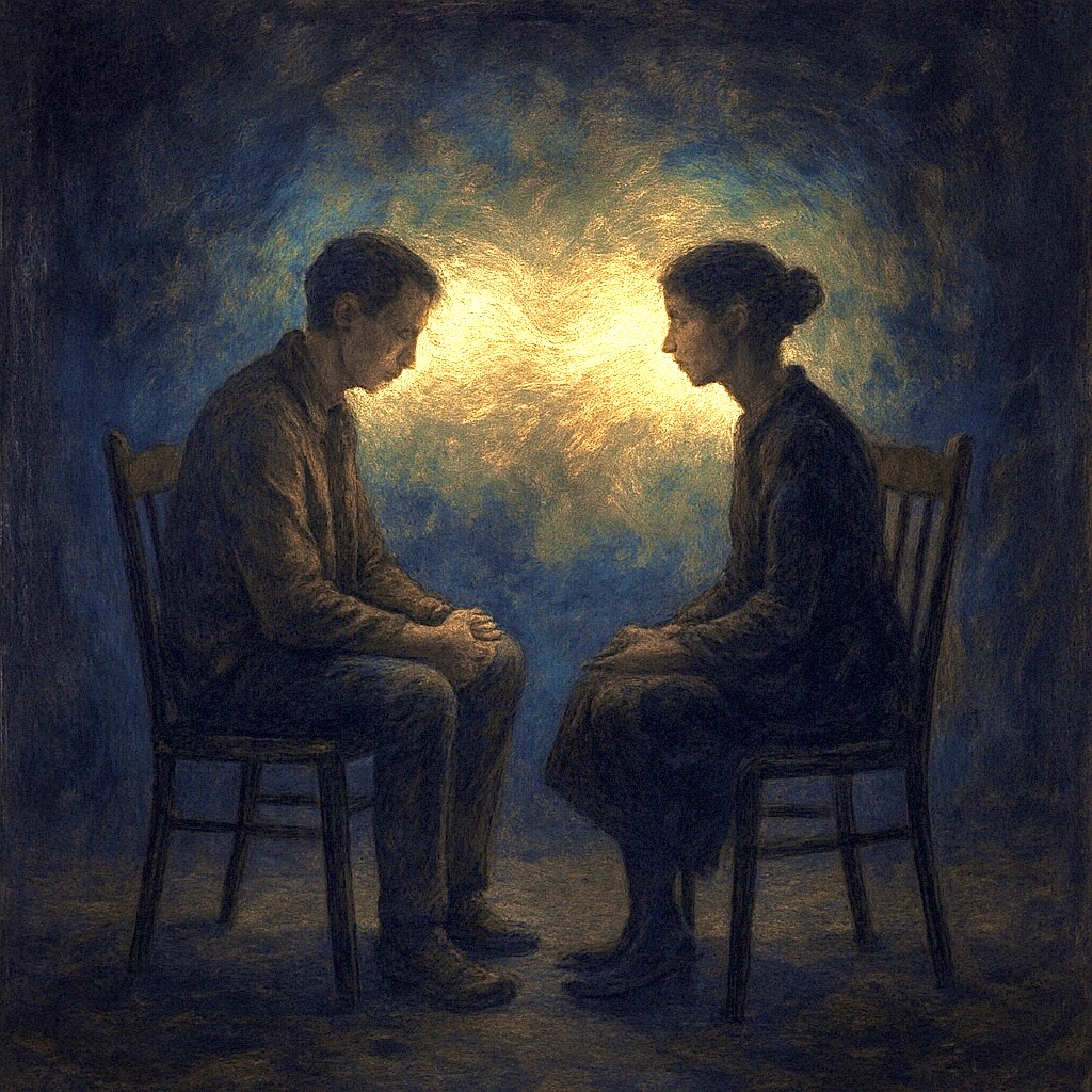 Two people sit facing each other on wooden chairs, their heads bowed slightly, with a glowing light between them, symbolizing the unseen dynamics in relationship and communication.