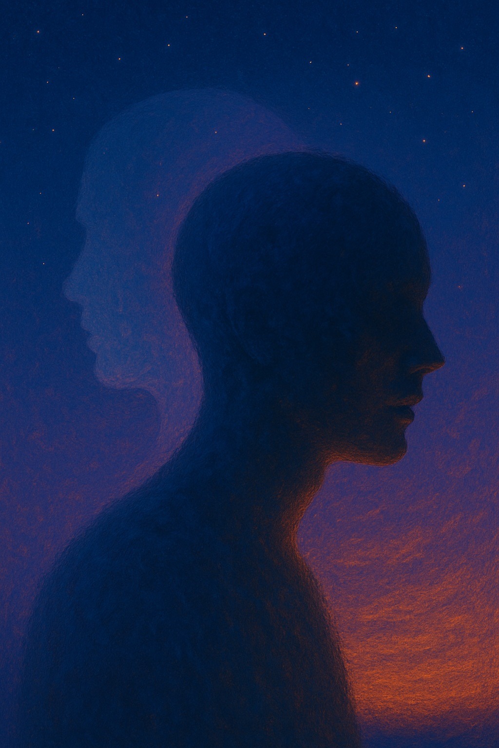 Double exposure illustration showing a person's silhouette in profile against a starry night sky. The figure appears in dark blue tones with a ghostly second silhouette visible behind it, creating a layered effect. The background transitions from deep navy blue to warm orange and purple hues along the figure's edges, with small stars scattered throughout the sky, suggesting themes of contemplation, duality, or inner reflection.
