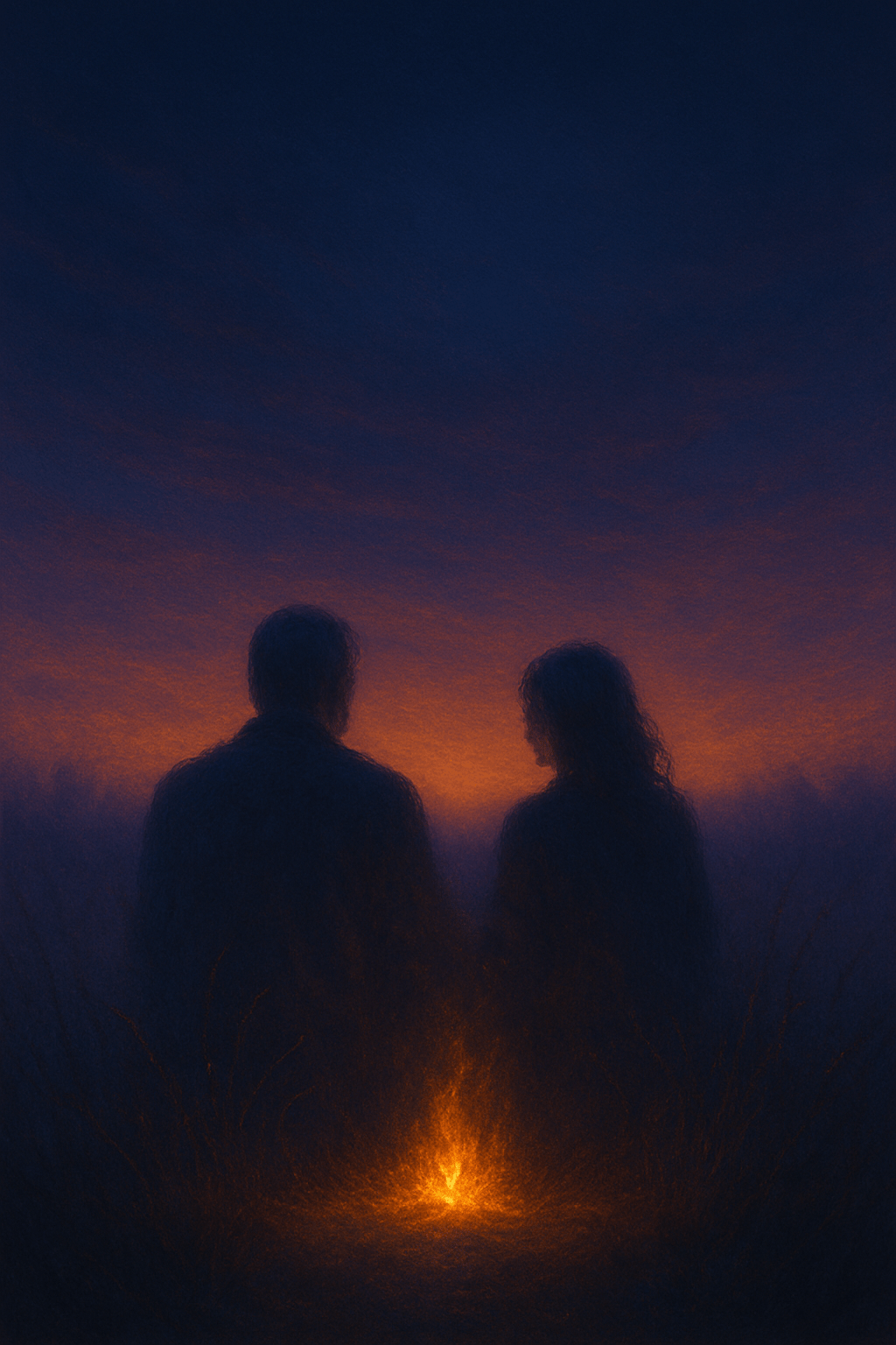 10:36 AMTwo silhouetted figures sit side by side in contemplative stillness, facing a small glowing campfire at twilight. The sky transitions from deep navy blue at the top through rich purple to warm orange and amber tones at the horizon, creating a gradient that mirrors the fire's glow. The intimate scene captures a quiet moment of companionship and reflection, with the dancing flames providing the only light source in the deepening dusk. The soft, painterly quality suggests warmth, connection, and shared presence.
