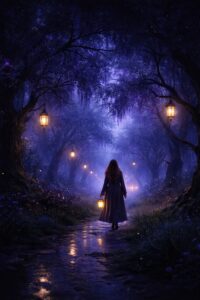 A figure holding a lantern walks a twilight forest path lined with glowing lights, navigating the edges between darkness and illumination under starlit trees.