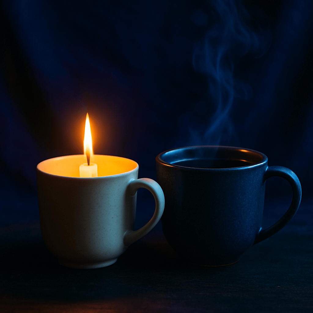 A lit candle in a cream cup and steaming hot liquid in a navy cup side by side—two sources of heat, two different stories.