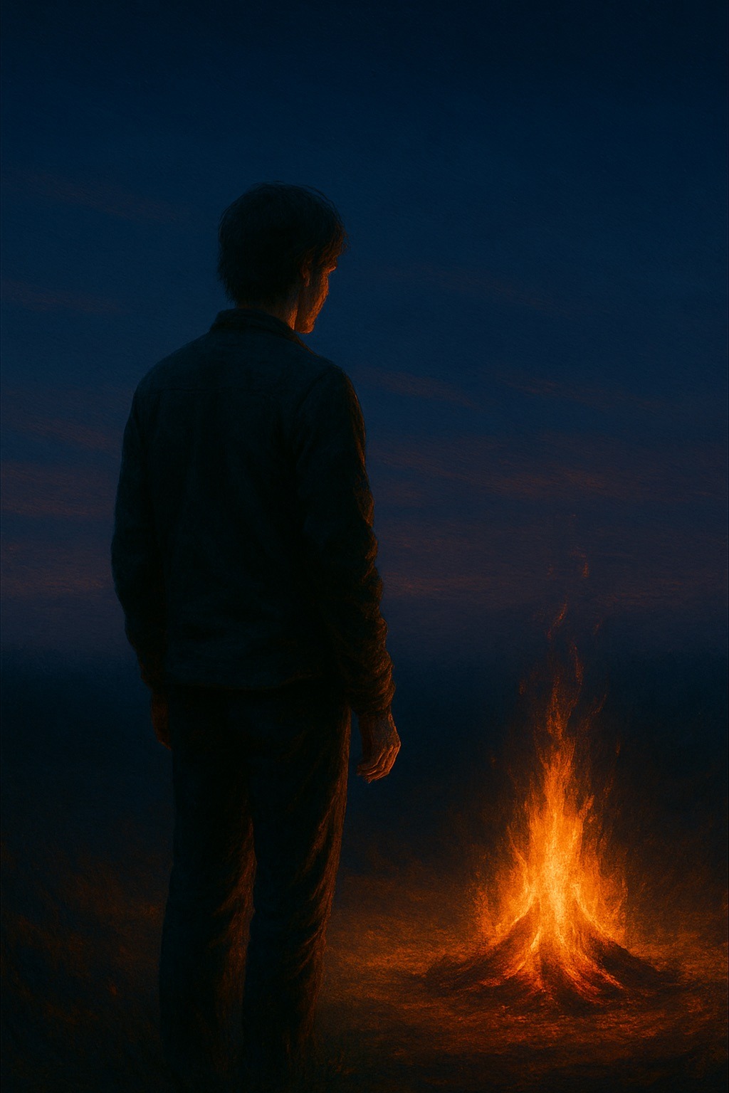 A solitary figure stands in silhouette against the deepening blue of twilight, gazing at a vibrant campfire that burns with warm orange and amber flames. The person is seen from behind, their form mostly in shadow except where the firelight catches the edge of their profile and clothing. The contrast between the cool, dark blue evening sky and the intense glow of the fire creates a contemplative atmosphere of solitude and reflection. The scene evokes themes of introspection, isolation, and the human need for warmth and light in darkness.