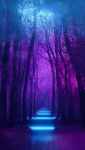 A luminous path through purple and blue forest with glowing stepping stones, the way forward visible but still requiring each step to be taken.