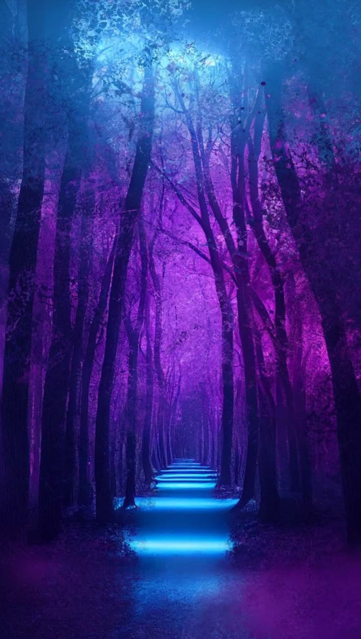 A luminous path through purple and blue forest with glowing stepping stones, the way forward visible but still requiring each step to be taken.