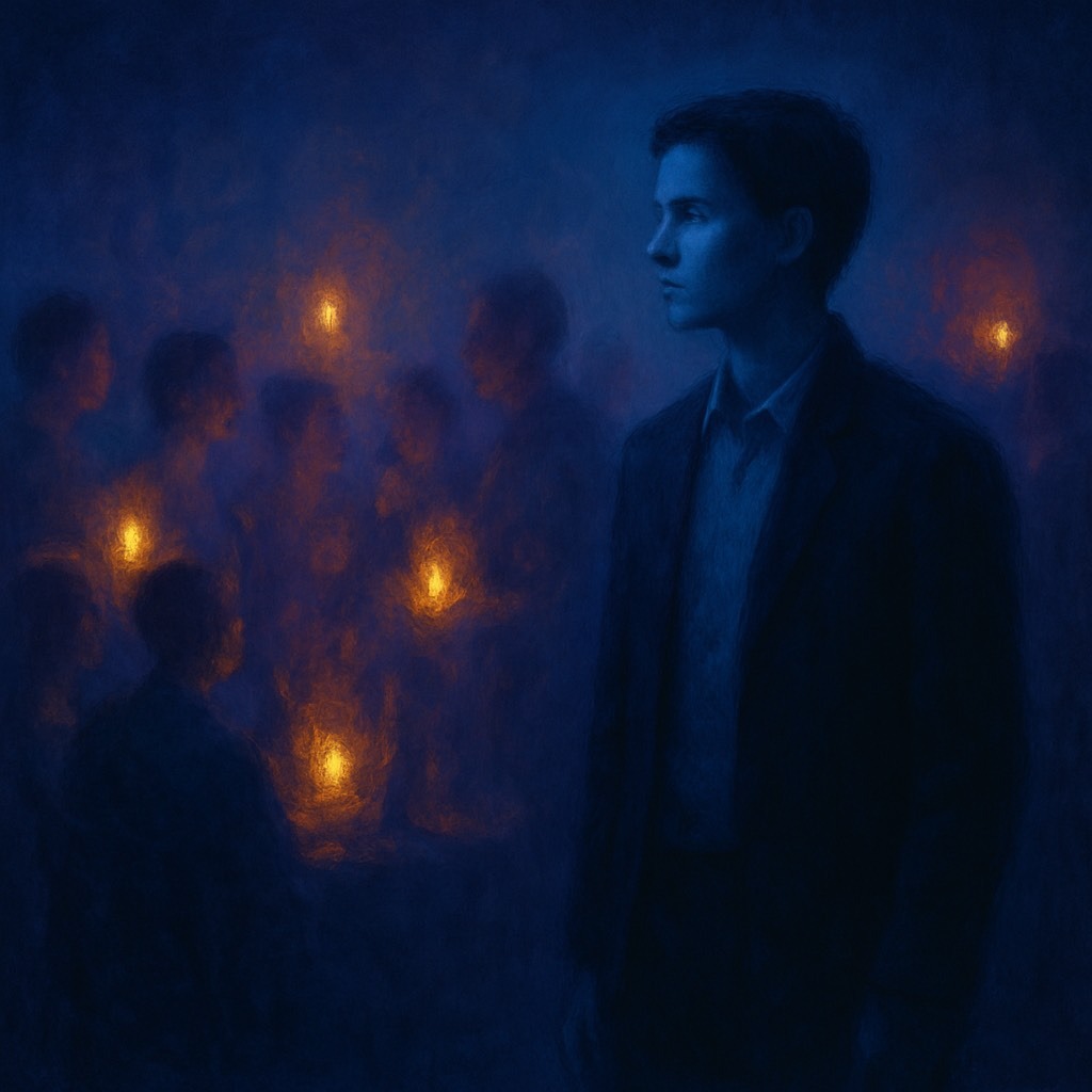 A person stands in clear focus while blurred figures gather in warm light behind them, present in the room but no longer part of the pattern.