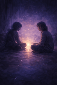 Two figures sit facing each other across a soft light, reflecting the quiet work of compassionate re-patterning and inner healing.