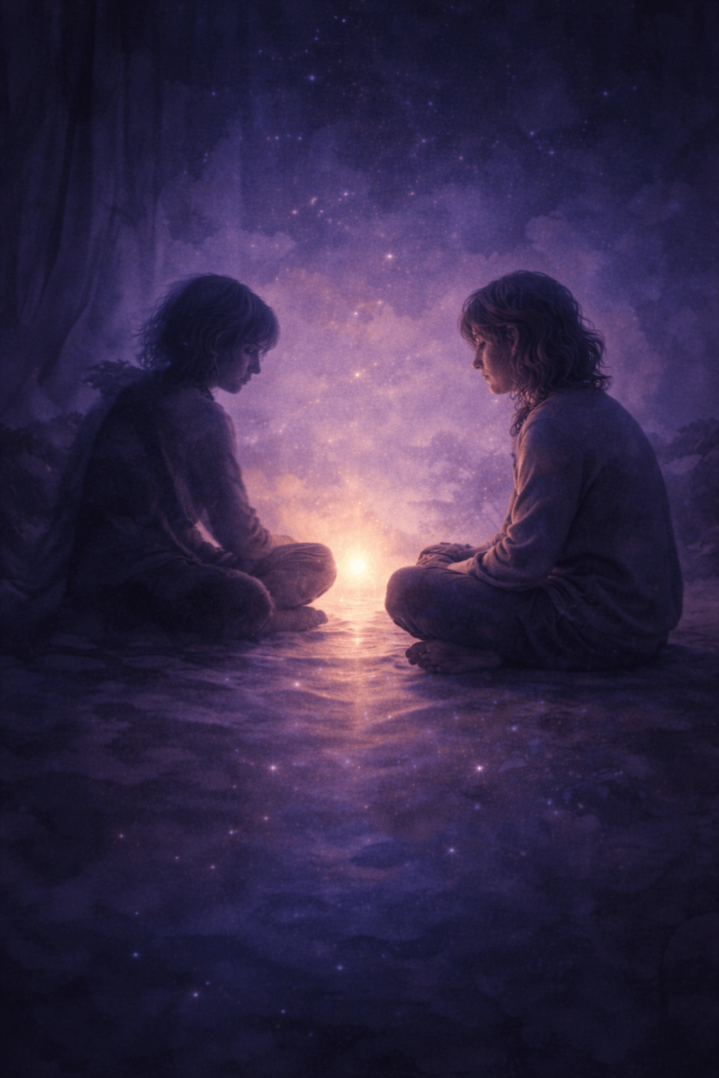 Two figures sit facing each other across a soft light, reflecting the quiet work of compassionate re-patterning and inner healing.