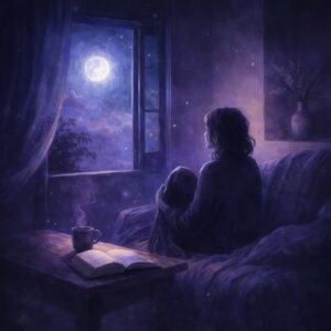 A person sits quietly by moonlight with an open book and steaming cup, embracing less fixing more inhabiting as a way of being present.