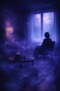 A person sits alone in a therapy room surrounded by purple fog and stars, reflecting on when therapy stops working and growth needs a new direction.
