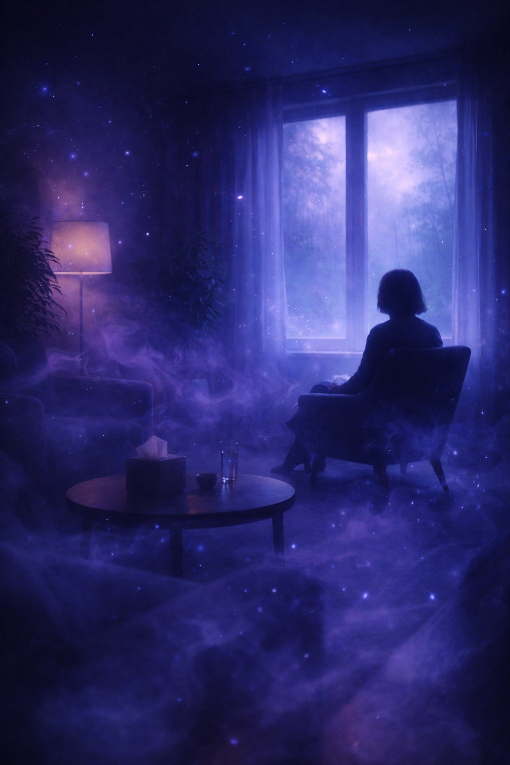 A person sits alone in a therapy room surrounded by purple fog and stars, reflecting on when therapy stops working and growth needs a new direction.