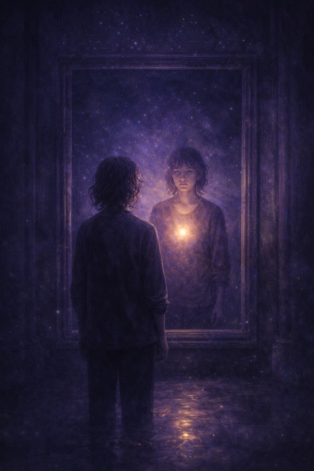 A figure stands before a glowing mirror in a starlit room, discovering how silence as a mirror reveals what is already forming within.