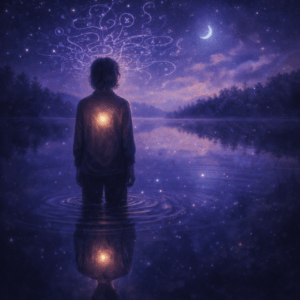 A glowing figure stands in a moonlit lake with thoughts swirling overhead, a quiet image of when the internal war softens and stillness returns.