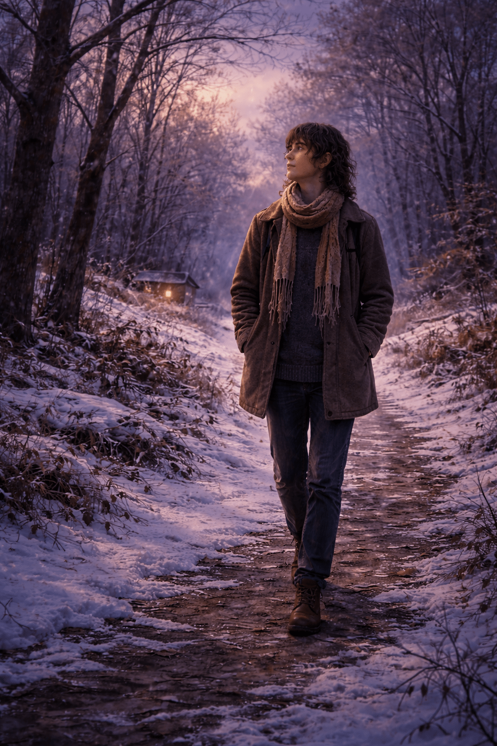 A person walking a snowy forest path at dusk with a warm light glowing in the distance, evoking the internal seasons of emotional change