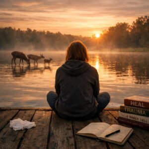 A person sitting on a dock at sunrise with deer nearby and books beside them, sitting with the idea that not everything that hurts is trauma