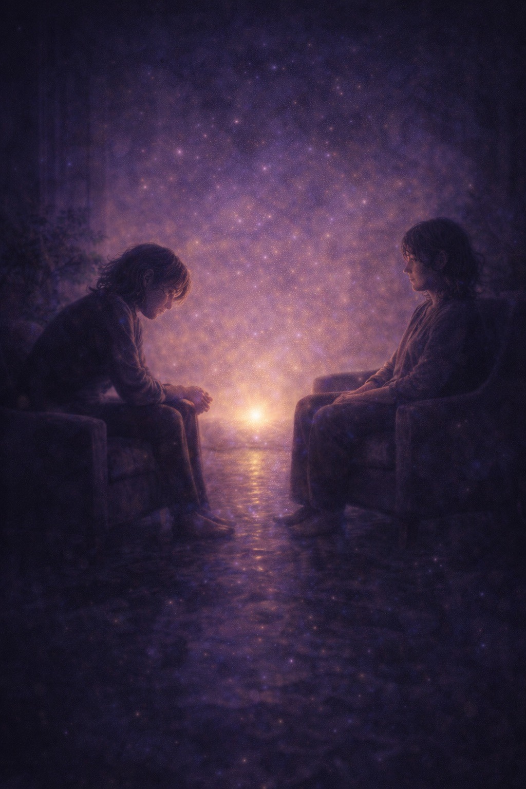 Two figures seated across from each other in a luminous, starlit space with soft golden light between them, evoking unconditional presence in therapy