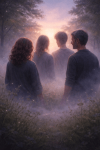 Four family members standing together facing soft light in a misty field, reflecting the quiet signs a family is getting healthier