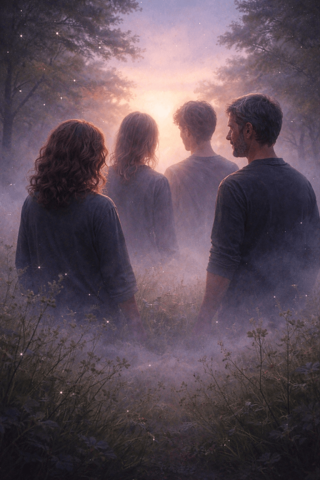 Four family members standing together facing soft light in a misty field, reflecting the quiet signs a family is getting healthier