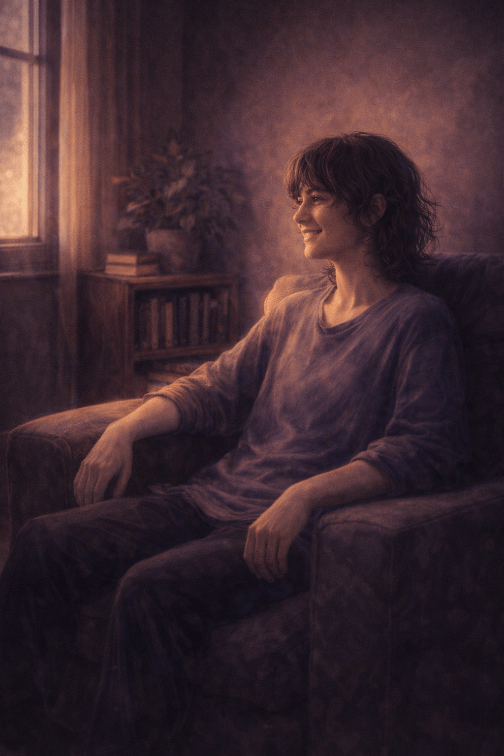 A person seated comfortably in an armchair, smiling warmly in soft window light, illustrating the subtle acts of therapy