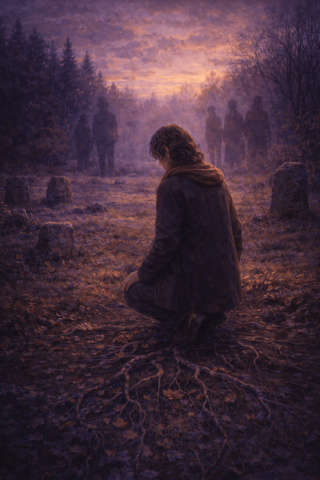 The other half of the story: a person kneeling among roots in a misty field with shadowy ancestral figures in the distance