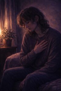 A person sitting quietly with hand on chest in soft lamplight, reflecting on when fear is louder than safety