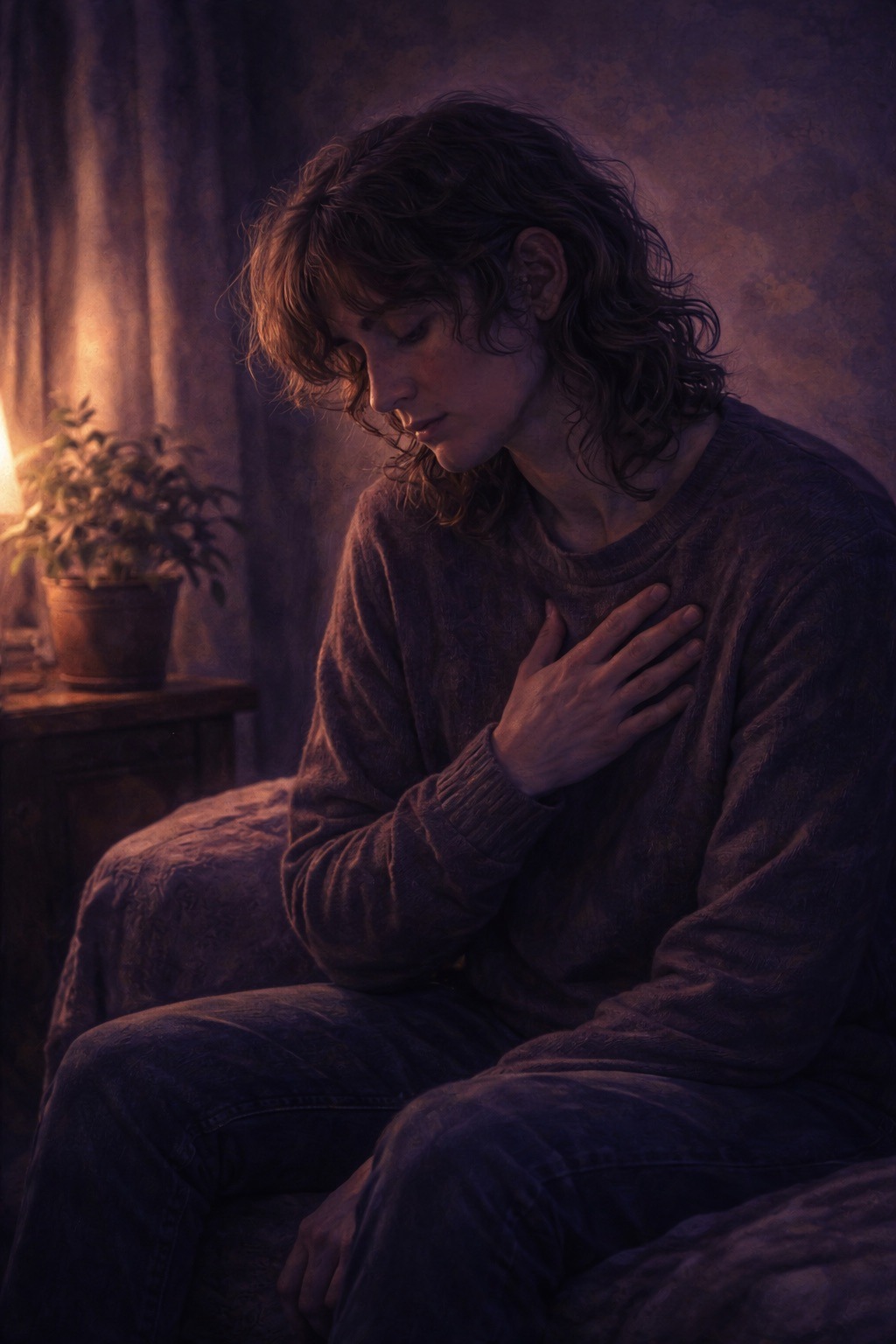 A person sitting quietly with hand on chest in soft lamplight, reflecting on when fear is louder than safety