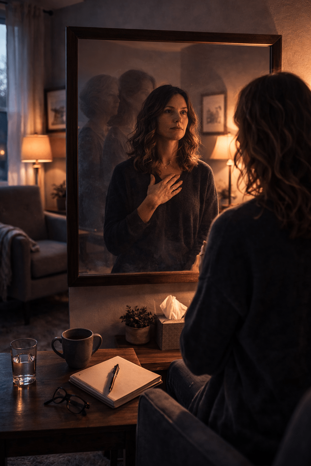 A woman facing her reflection in a warmly lit therapy office, a scene that captures what happens when therapy hands you a villain