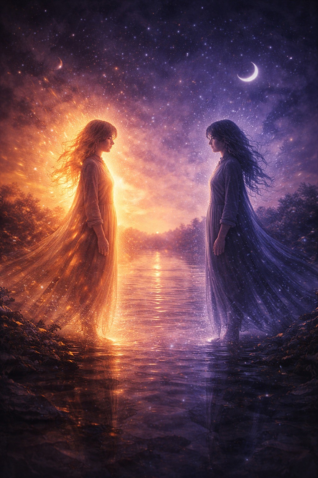 Two luminous figures facing each other across still water, one radiant like the sun and one cool like the moon, showing that your natural way of being is not a flaw