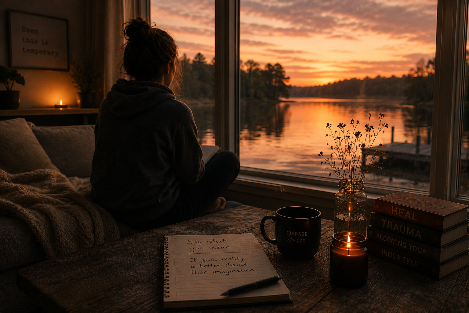 A person sits by a lakeside window at sunset with a notebook reading say what you mean, surrounded by candles and books on healing.