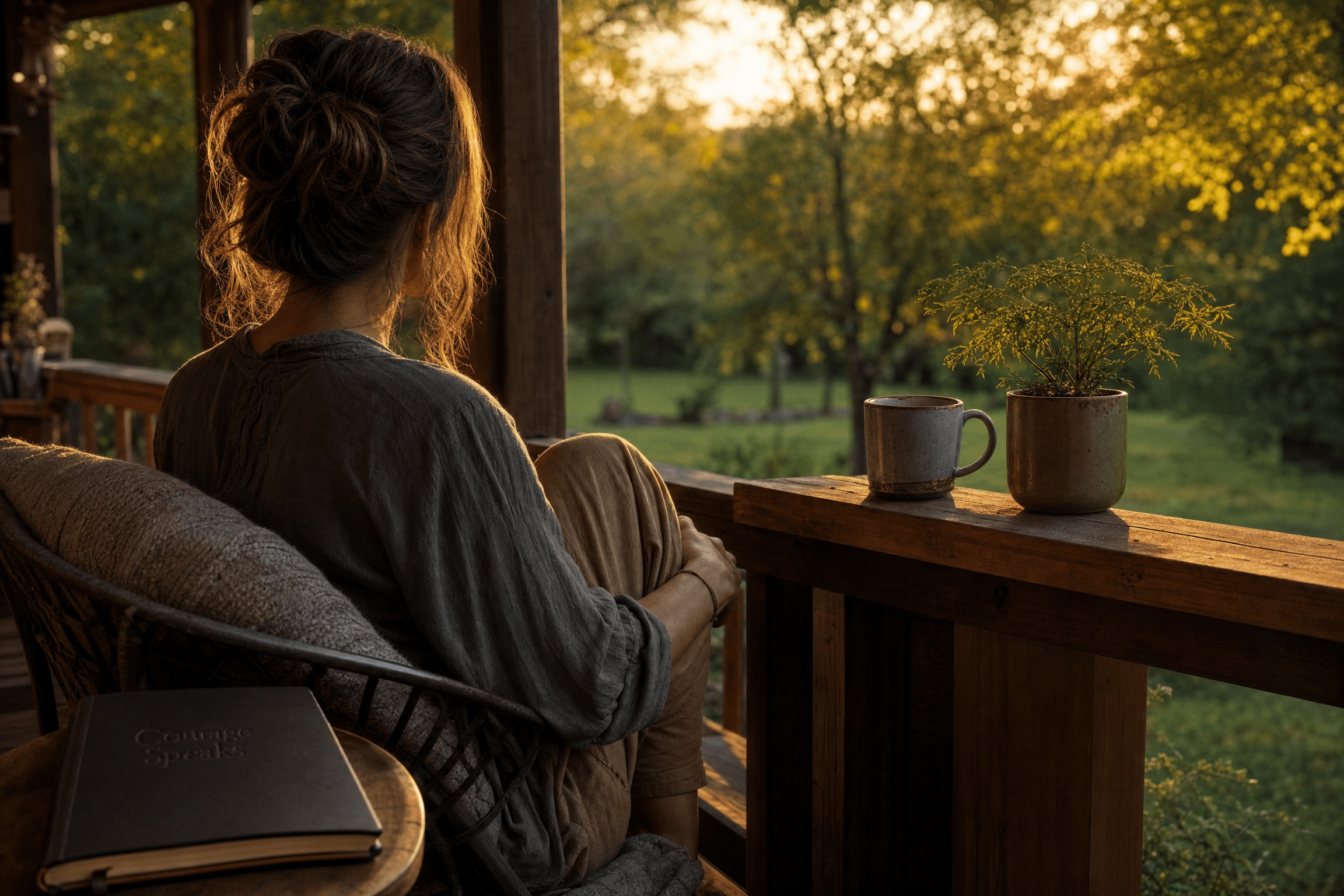 Person sitting on a porch at sunset, reminder that humans are not projects to fix through healing