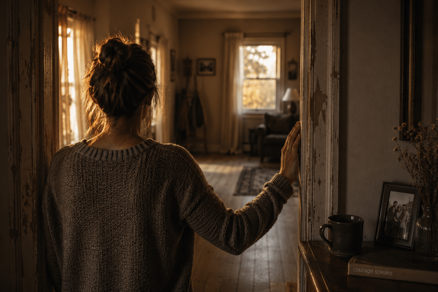 Woman standing in doorway looking into sunlit living room, little pieces of you healing journey