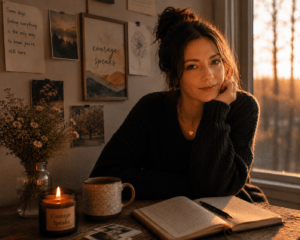 Woman journaling by candlelight, courage to feel it and stay open to emotion