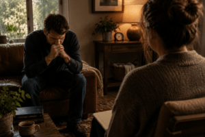 Man sitting with head in hands during therapy session, kind of love we rarely talk about